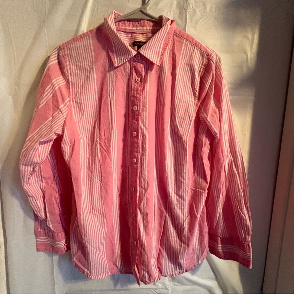 Talbots Women's Striped Blouse‎ Sz Med Cotton Pink White Preppy Lightweight